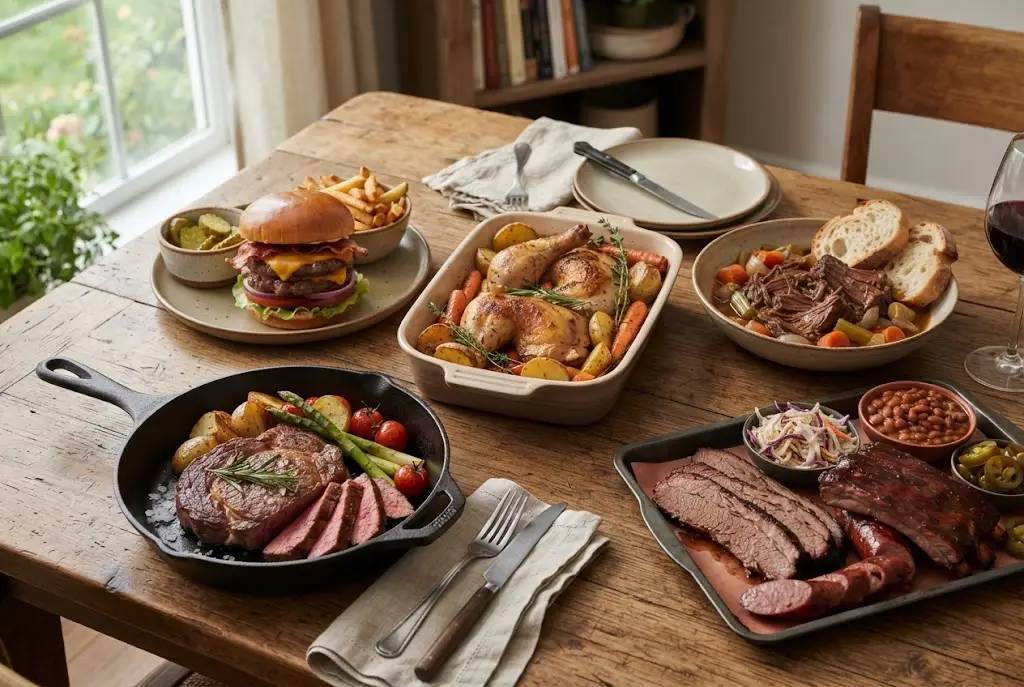A variety of meat-filled dinners including steak, burger, roasted chicken, slow-cooked beef, and barbecue