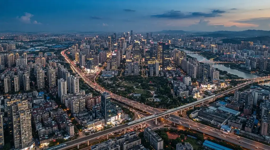 Aerial view of a dense modern megacity with high-rise buildings, transportation corridors, and urban neighborhoods