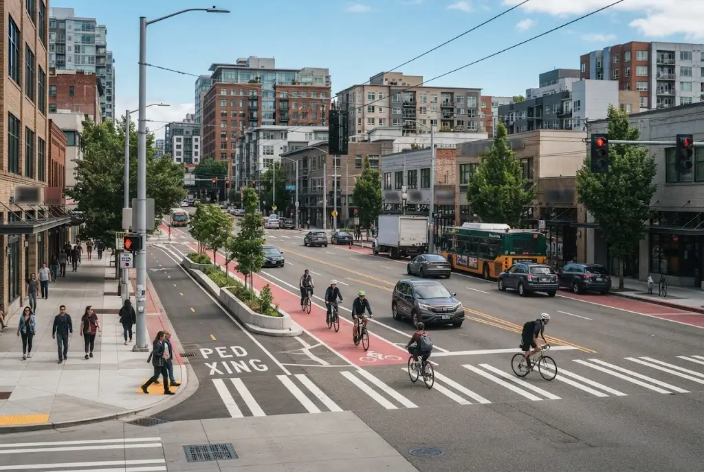 Modern metro city street with marked lanes, pedestrian crossing, bicycle facility, and organized traffic
