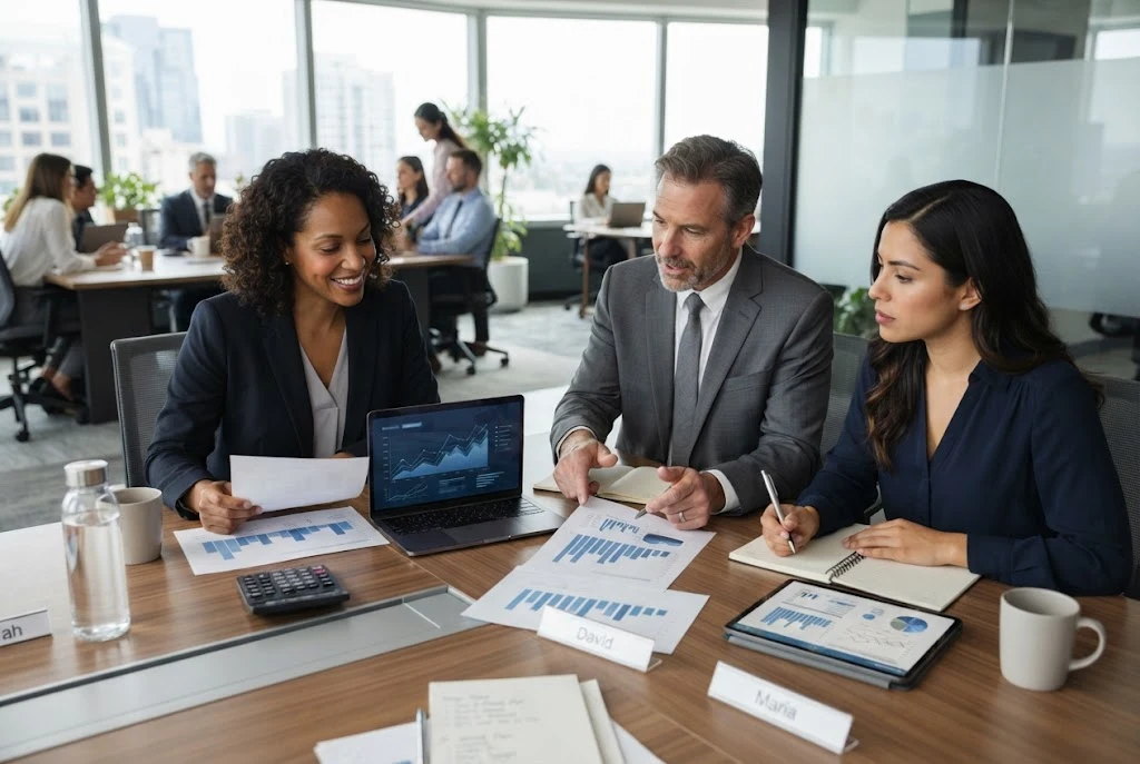 Business professionals collaborating on an investment plan around a conference table