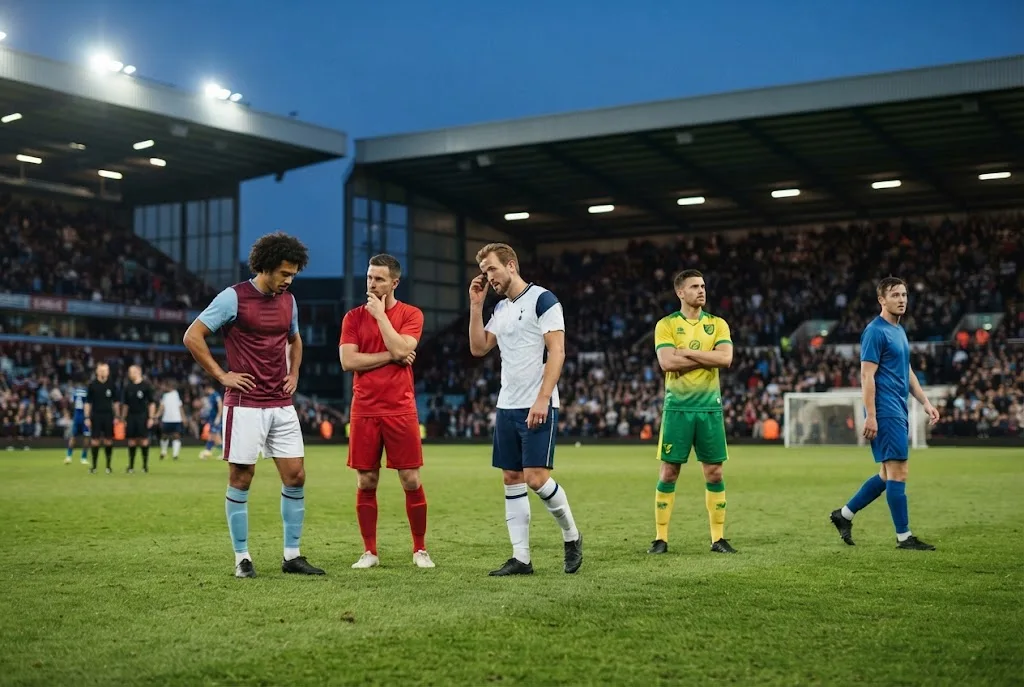 Five professional footballers standing on a stadium pitch during a tense Premier League-style match atmosphere