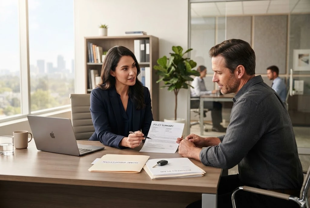 Insurance advisor reviewing coverage documents with a client in a professional office