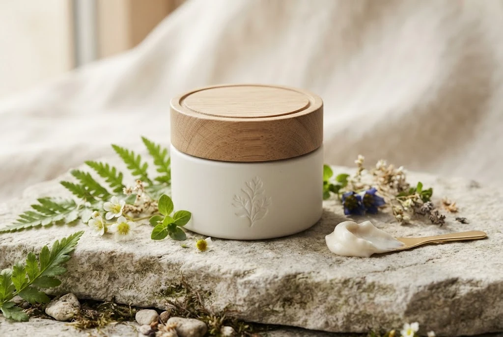 Luxury facial moisturizer jar surrounded by subtle botanical elements on a neutral surface