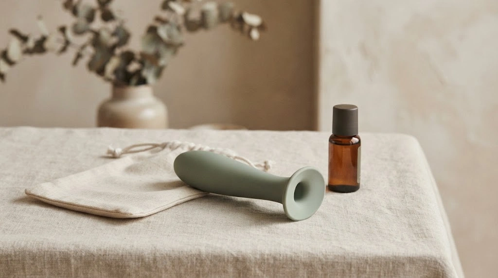 Adult silicone wellness toy with a flared base beside lubricant and a storage pouch