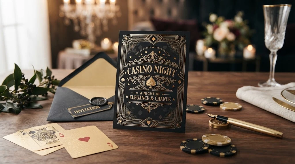 Elegant casino night invitation with playing cards and black and gold party details