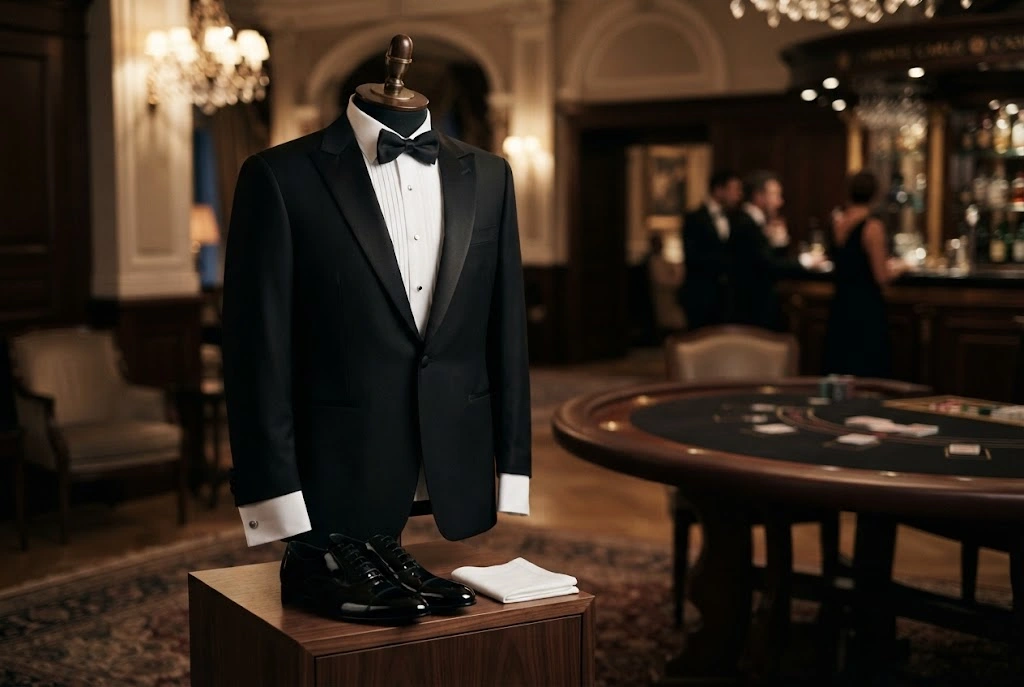 Black Casino Royale tuxedo with white evening shirt and bow tie