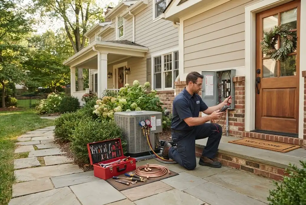 Home service technician inspecting residential plumbing electrical and HVAC systems