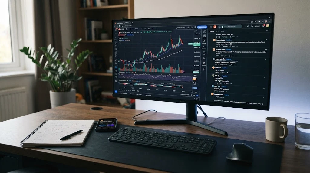 Day trading cryptocurrency research setup with charts and online community discussions