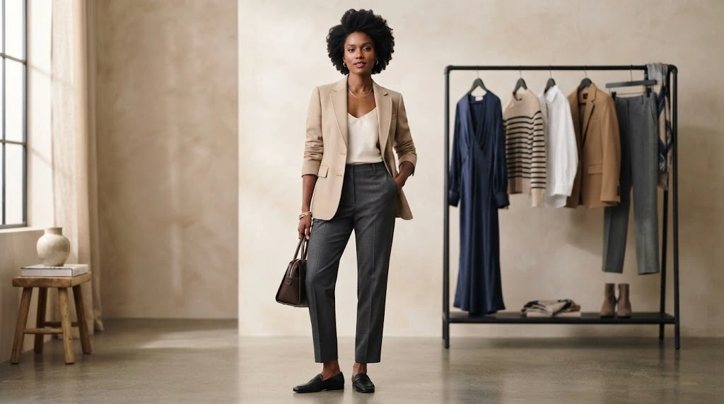 Woman wearing an elegant contemporary outfit beside a rack of women's fashion garments