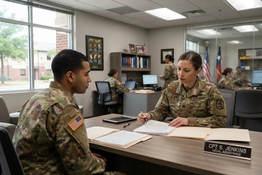 Fort Sam Legal Office providing military legal assistance to a service member