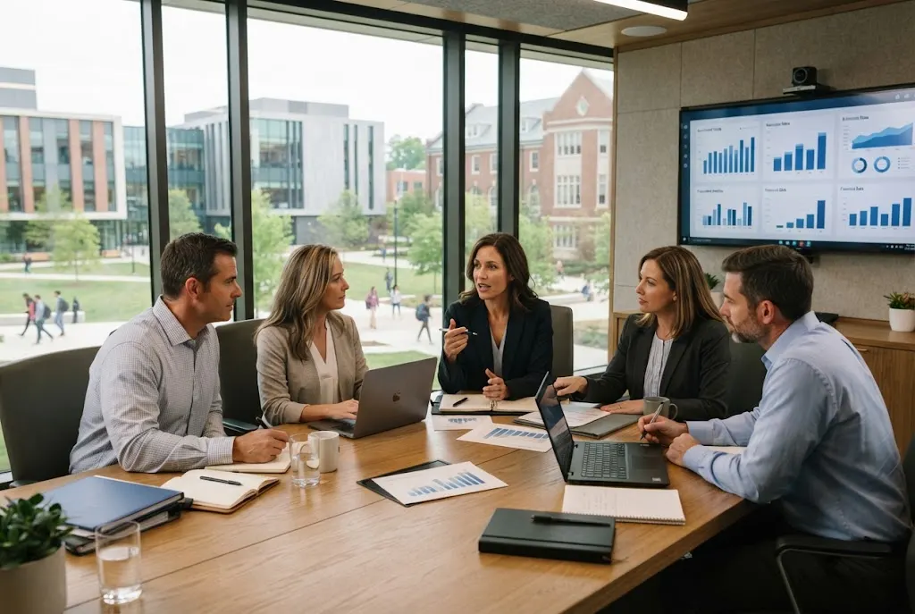 Higher education consultants discussing institutional strategy and data in a university meeting room