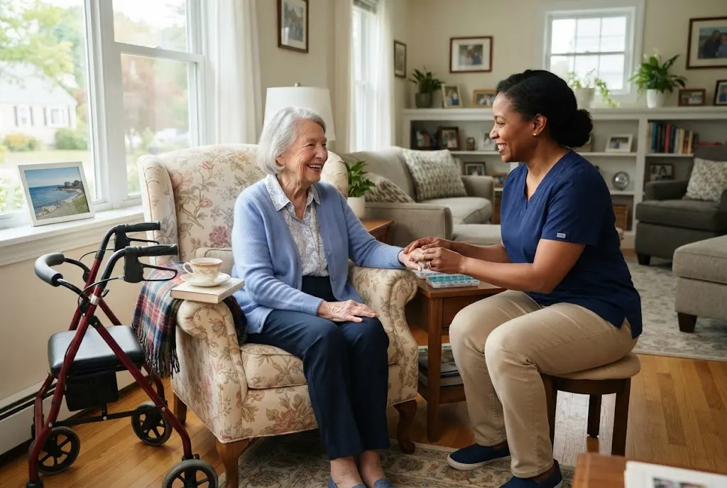 Professional caregiver assisting an older adult at home in Plymouth