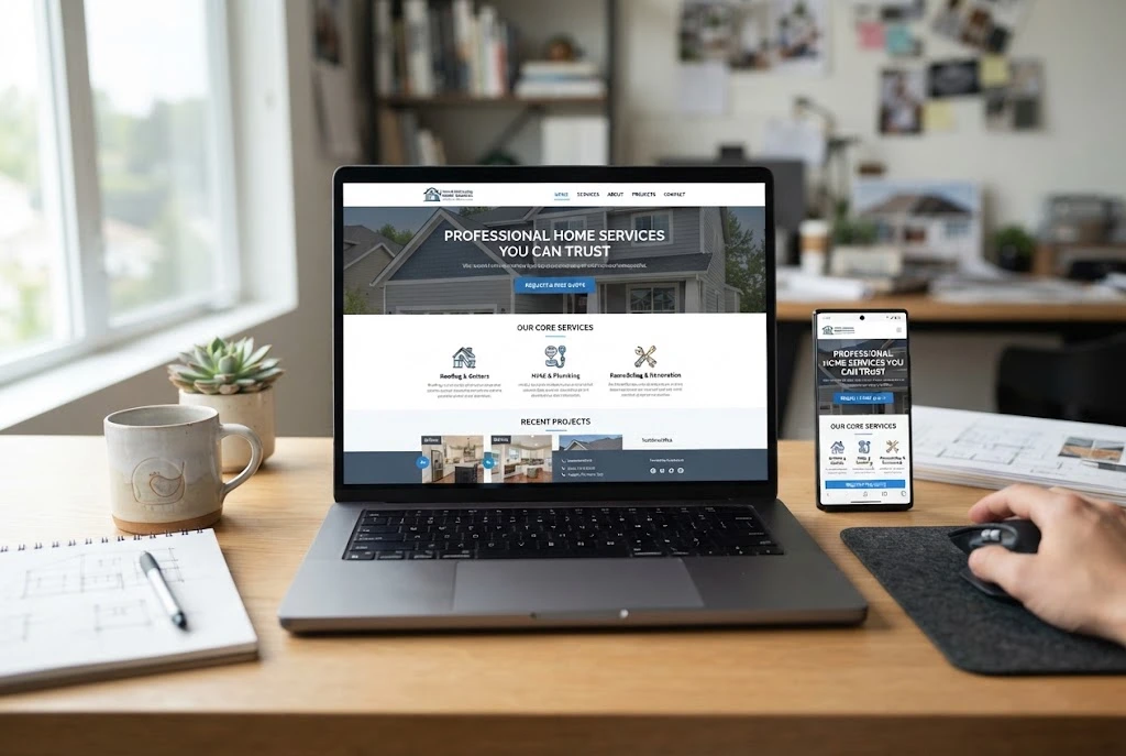 Modern home services website displayed on a laptop and smartphone