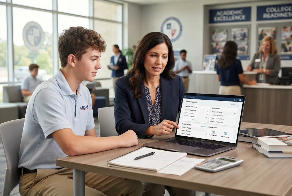 Parent and student reviewing an ILTexas Skyward school information portal