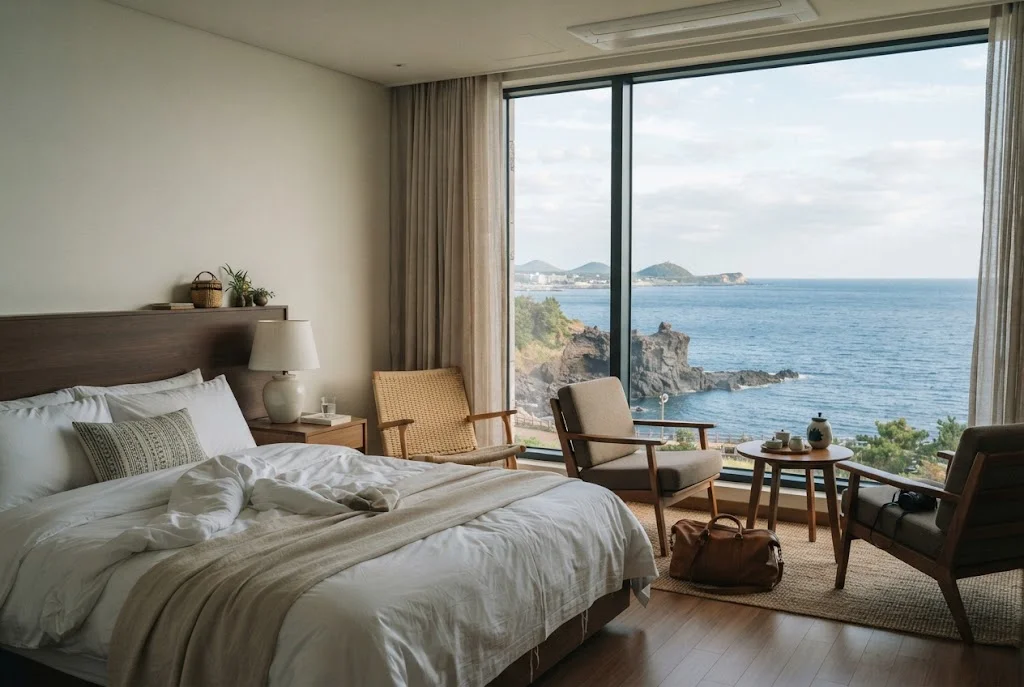 Boutique hotel room with an ocean view in Seogwipo on Jeju Island