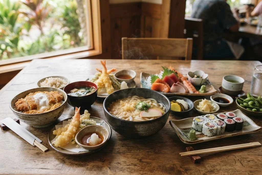 Japanese meal featuring tempura, noodles, donburi and sushi at Kiibo Restaurant