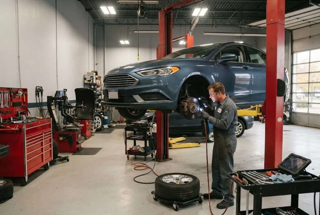 Automotive technician inspecting a vehicle inside a professional repair shop