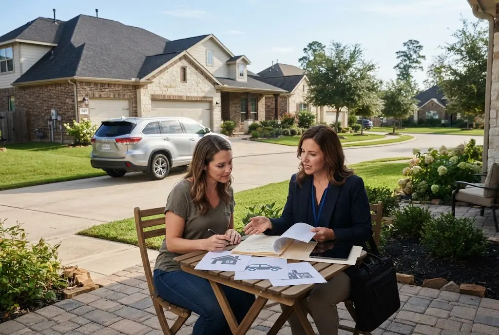 Texas suburban home and vehicle representing insurance coverage options in New Caney