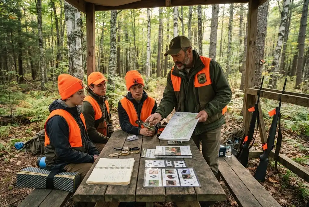 Students learning outdoor safety skills during a New Hampshire hunter education course