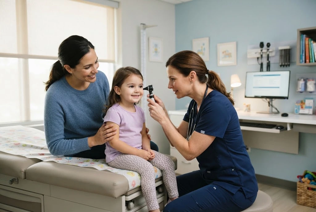 Pediatric healthcare professional conducting a routine child checkup