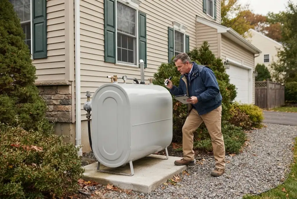 Residential heating oil tank being inspected as part of an insurance coverage review