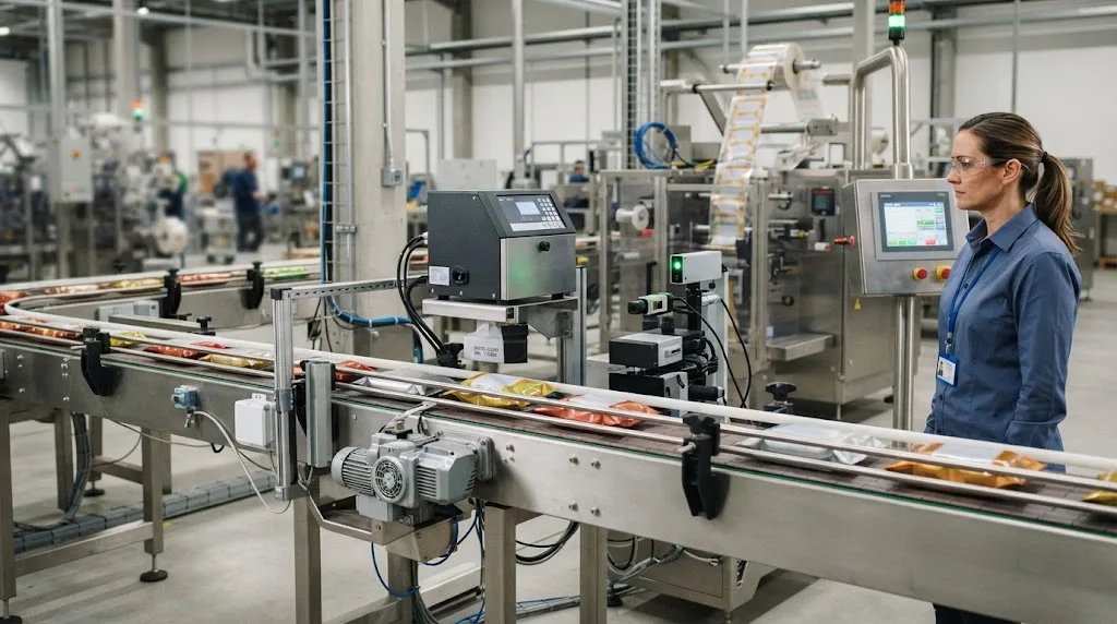 Automated packaging line with industrial coding and inspection equipment