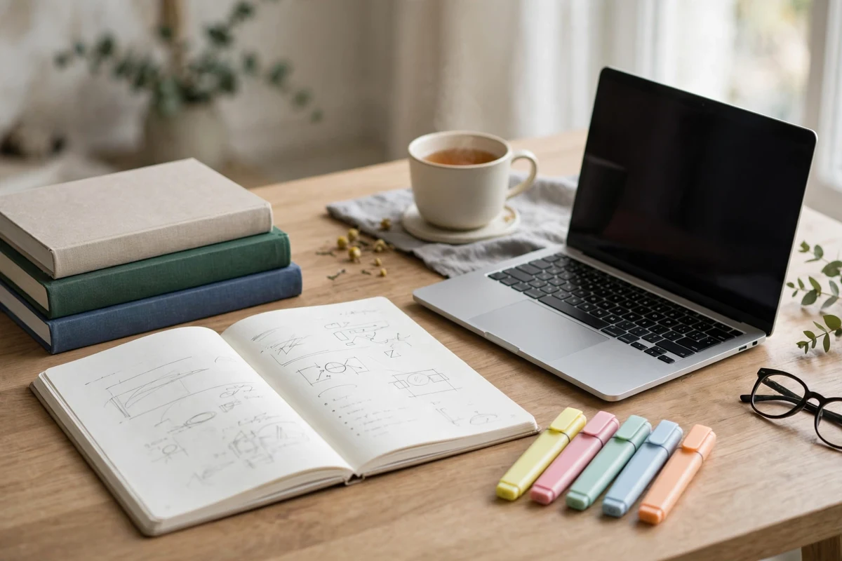 Study tips for students — a notebook, textbooks, laptop, highlighters and tea on a tidy study desk