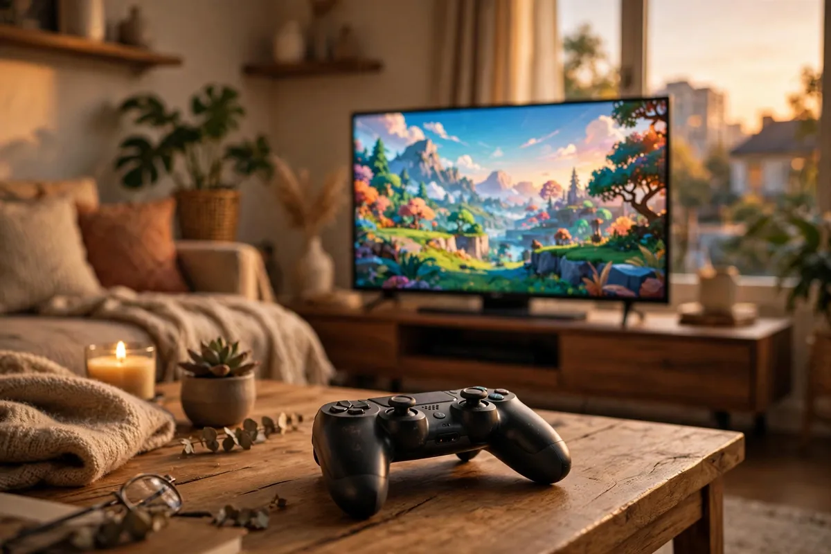 How video games can be good for your brain — a game controller in front of a television showing a colorful game